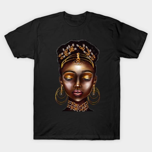 Queen Black empress beautiful black girl with Gold earrings, ornate headdress,  brown eyes looking  upwards and dark brown skin ! T-Shirt by Artonmytee